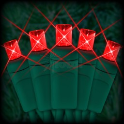 LED red Christmas lights 50 5mm mini wide angle LED bulbs 6" spacing, 23ft. green wire, 120VAC