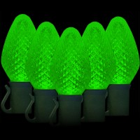 LED green Christmas lights 50 C7 faceted LED bulbs 8" spacing, 34.2ft. green wire, 120VAC